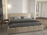 Set Pat dormitor dumonde, tapitat bej, Barcelona 140X200 cm, somiera rabatabila inclusa, spatiu depozitare + saltea