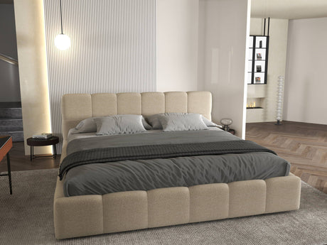 Set Pat dormitor dumonde, tapitat bej, Barcelona 140X200 cm, somiera rabatabila inclusa, spatiu depozitare + saltea