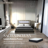 Set Pat dormitor dumonde, tapitat bej, Glow 180x200 cm, somiera rabatabila inclusa, spatiu depozitare + saltea lunaria balance pocket WLS