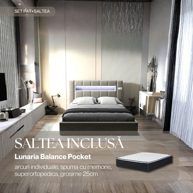 Set Pat dormitor dumonde, tapitat bej, Glow 180x200 cm, somiera rabatabila inclusa, spatiu depozitare + saltea lunaria balance pocket WLS