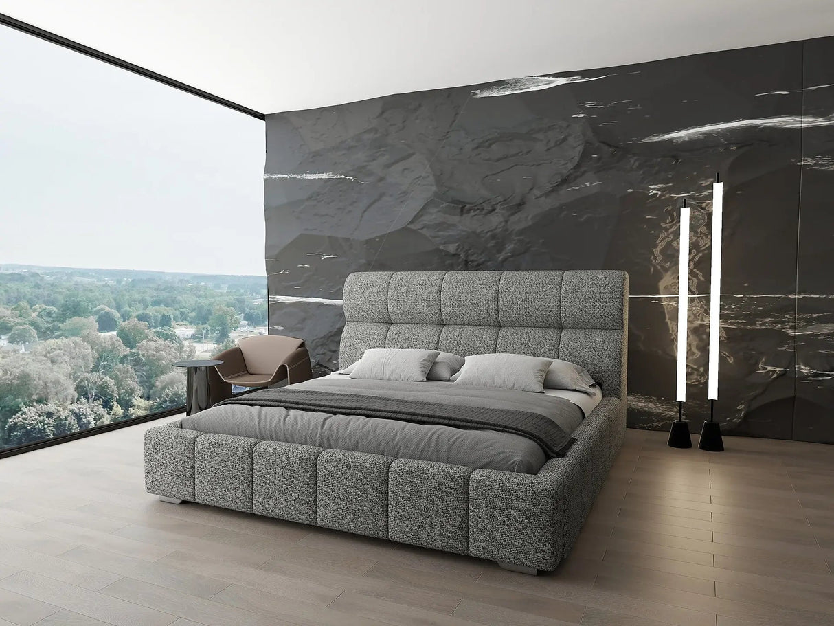 Pat dormitor dumonde, tapitat grey, Prestige 180x200 cm, somiera rabatabila inclusa, spatiu depozitare