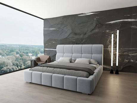 Pat dormitor dumonde, tapitat gri, Prestige 160x200 cm, somiera rabatabila inclusa, spatiu depozitare WLS