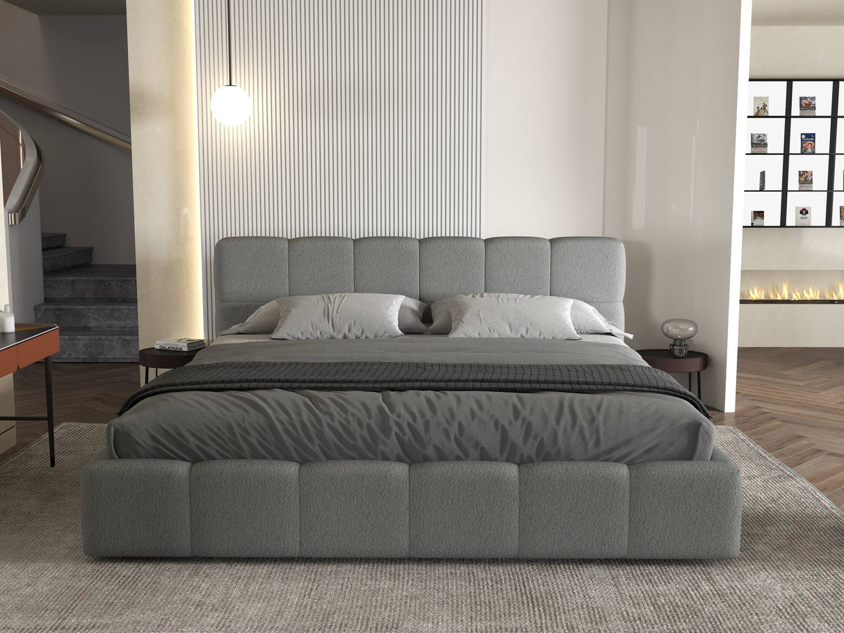 Set Pat dormitor dumonde, tapitat gri, Barcelona 180X200 cm, somiera rabatabila inclusa, spatiu depozitare + saltea