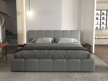 Set Pat dormitor dumonde, tapitat gri, Barcelona 180X200 cm, somiera rabatabila inclusa, spatiu depozitare + saltea