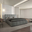 Pat dormitor dumonde, tapitat gri, Lorenzo 180X200 cm, somiera rabatabila inclusa, spatiu depozitare