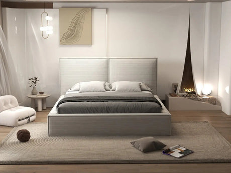 Pat dormitor dumonde, tapitat gri, Dreamer 180x200 cm, somiera rabatabila inclusa, spatiu depozitare WLS