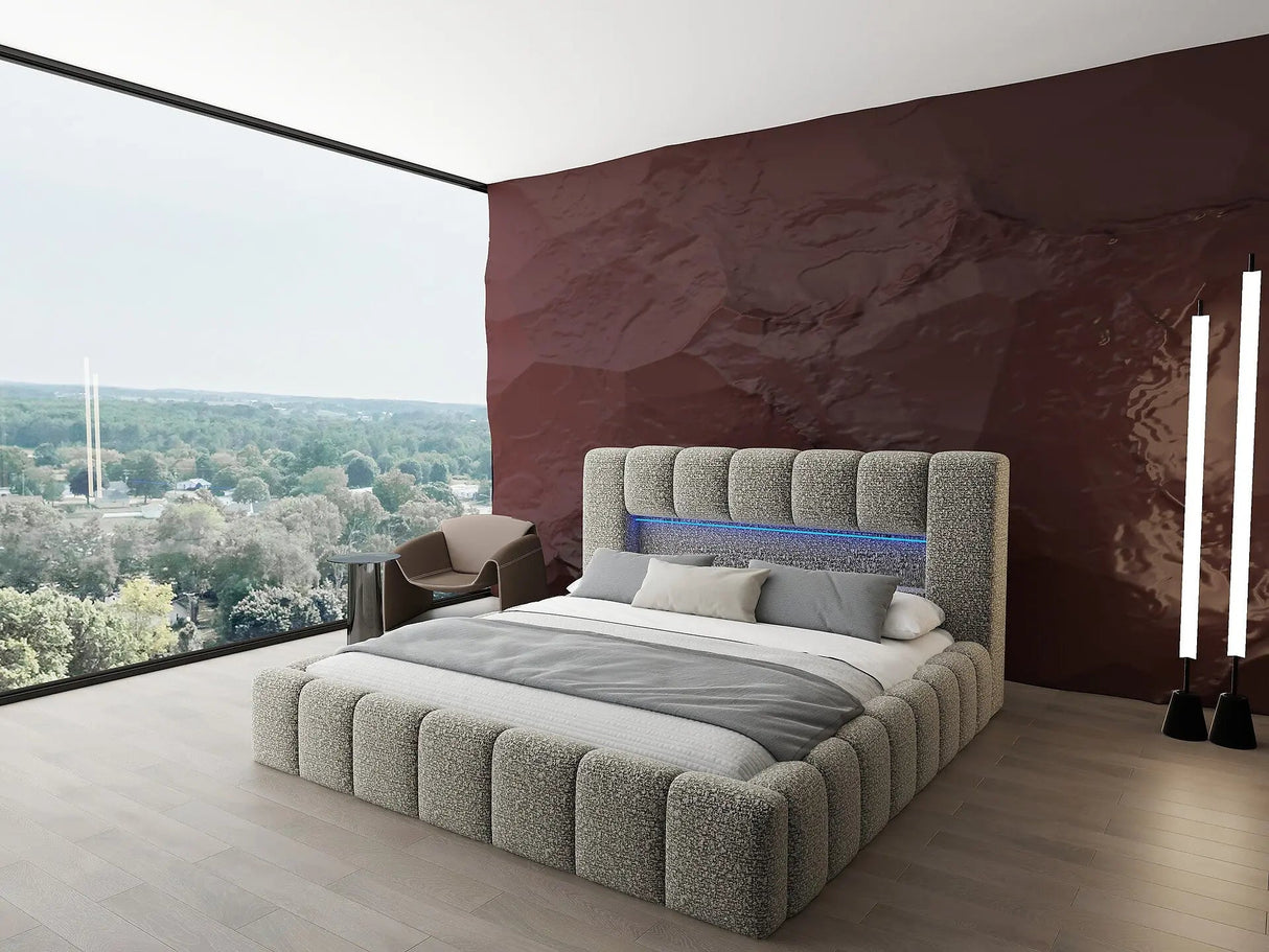 Pat dormitor dumonde, tapitat bej cu LED si USB, Palermo 160x200 cm, somiera rabatabila inclusa, spatiu depozitare WLS
