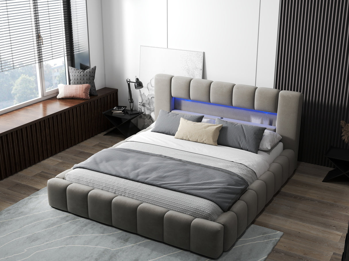 Pat dormitor dumonde, tapitat bej cu LED si USB, Palermo 180x200 cm, somiera rabatabila inclusa, spatiu depozitare WLS