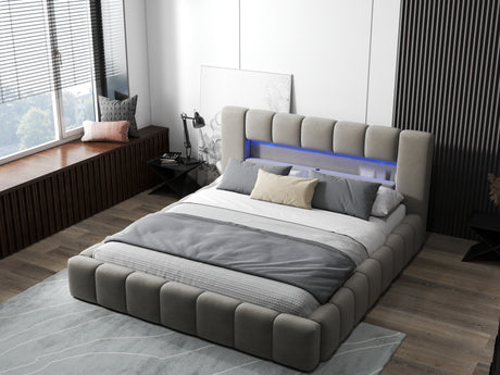 Pat dormitor dumonde, tapitat bej cu LED si USB, Palermo 180x200 cm, somiera rabatabila inclusa, spatiu depozitare WLS