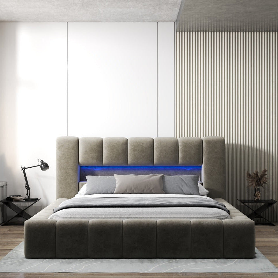Pat dormitor dumonde, tapitat bej cu LED si USB, Palermo 160x200 cm, somiera rabatabila inclusa, spatiu depozitare WLS