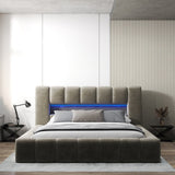 Pat dormitor dumonde, tapitat bej cu LED si USB, Palermo 160x200 cm, somiera rabatabila inclusa, spatiu depozitare WLS