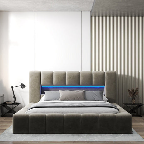 Pat dormitor dumonde, tapitat bej cu LED si USB, Palermo 160x200 cm, somiera rabatabila inclusa, spatiu depozitare WLS