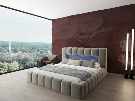 Pat dormitor dumonde, tapitat bej cu LED si USB, Palermo 160x200 cm, somiera rabatabila inclusa, spatiu depozitare WLS