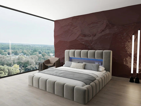 Pat dormitor dumonde, tapitat bej cu LED si USB, Palermo 180x200 cm, somiera rabatabila inclusa, spatiu depozitare WLS
