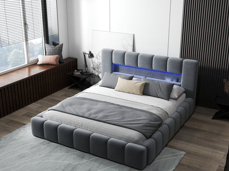 Pat dormitor dumonde, tapitat gri cu LED si USB, Palermo 180x200 cm, somiera rabatabila inclusa, spatiu depozitare WLS