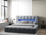 Pat dormitor dumonde, tapitat gri cu LED si USB, Palermo 160x200 cm, somiera rabatabila inclusa, spatiu depozitare WLS