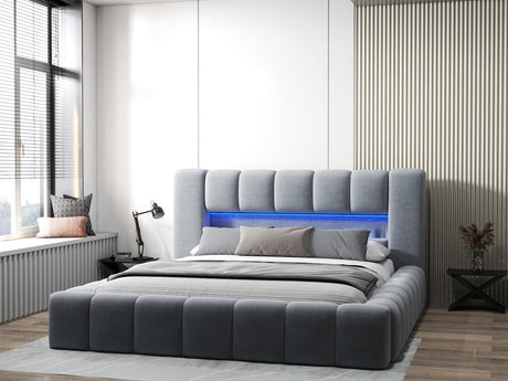 Pat dormitor dumonde, tapitat gri cu LED si USB, Palermo 160x200 cm, somiera rabatabila inclusa, spatiu depozitare WLS
