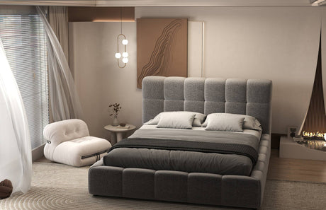 Set Pat dormitor dumonde, tapitat gri, Lorenzo 180X200 cm, somiera rabatabila inclusa, spatiu depozitare + saltea