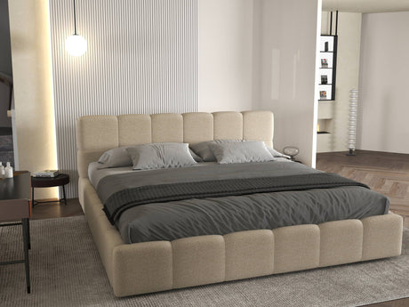 Set Pat dormitor dumonde, tapitat bej, Barcelona 140X200 cm, somiera rabatabila inclusa, spatiu depozitare + saltea