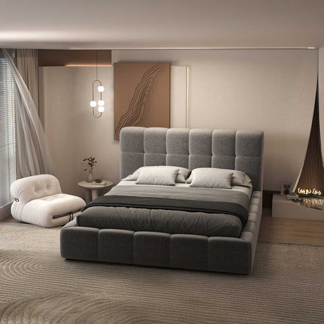 Set Pat dormitor dumonde, tapitat gri, Lorenzo 180X200 cm, somiera rabatabila inclusa, spatiu depozitare + saltea