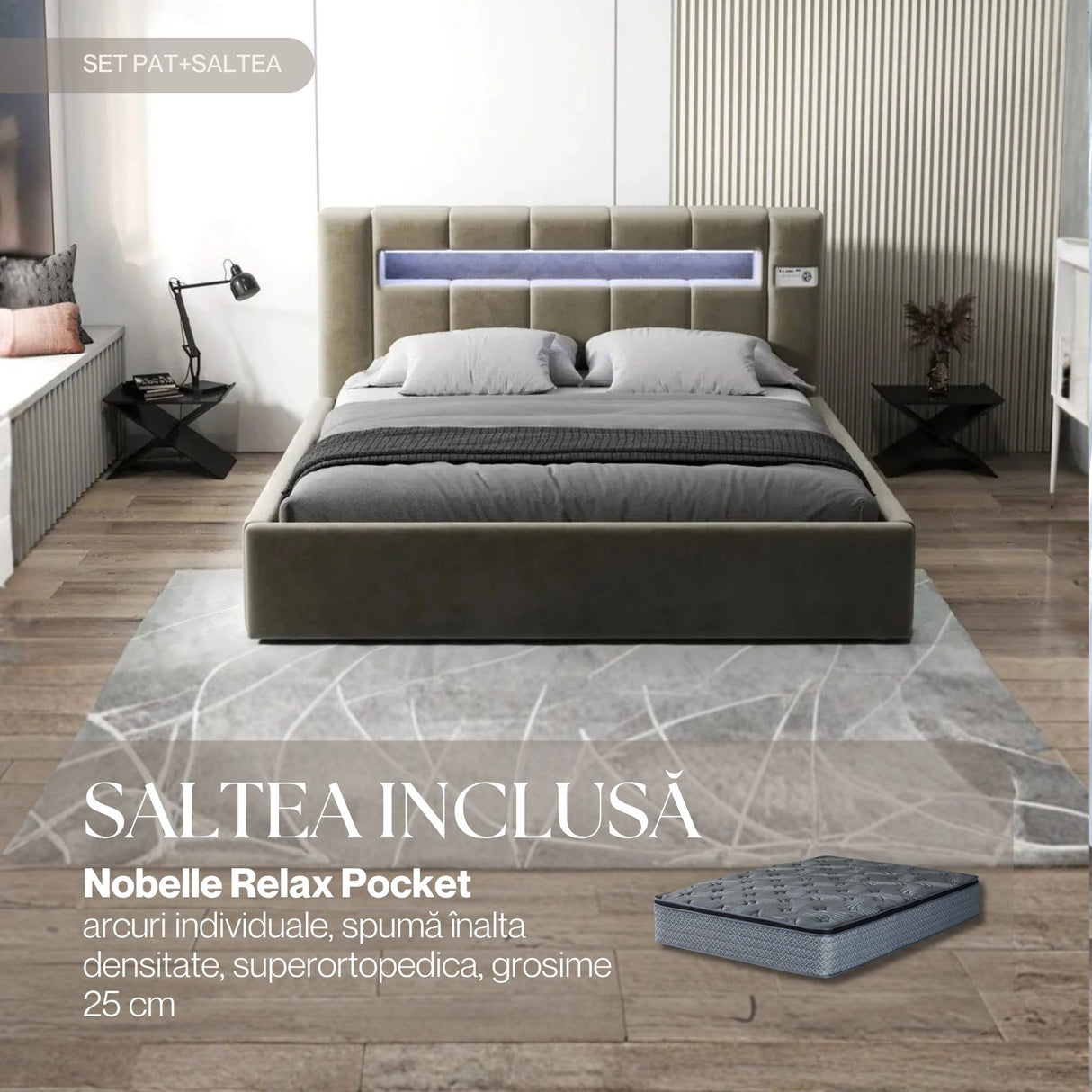 Set Pat dormitor dumonde, tapitat bej, Glow 160x200 cm, somiera rabatabila inclusa, spatiu depozitare + saltea nobelle relax pocket WLS