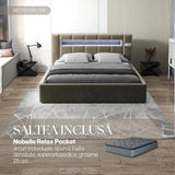 Set Pat dormitor dumonde, tapitat bej, Glow 160x200 cm, somiera rabatabila inclusa, spatiu depozitare + saltea nobelle relax pocket WLS