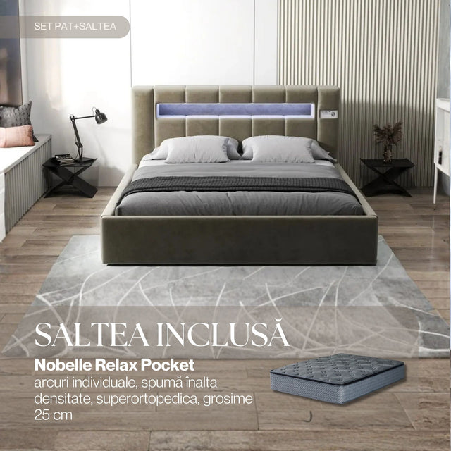 Set Pat dormitor dumonde, tapitat bej, Glow 160x200 cm, somiera rabatabila inclusa, spatiu depozitare + saltea nobelle relax pocket WLS
