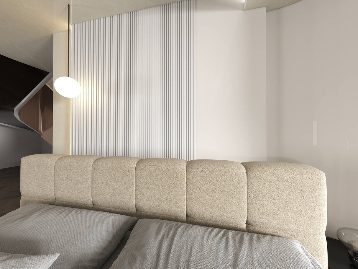 Set Pat dormitor dumonde, tapitat bej, Barcelona 140X200 cm, somiera rabatabila inclusa, spatiu depozitare + saltea