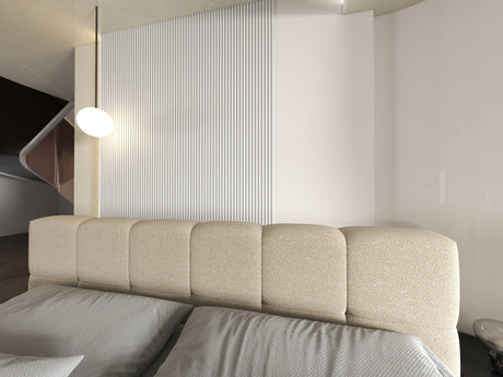 Set Pat dormitor dumonde, tapitat bej, Barcelona 140X200 cm, somiera rabatabila inclusa, spatiu depozitare + saltea