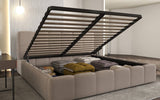 Pat dormitor dumonde, tapitat bej, Barcelona 140X200 cm, somiera rabatabila inclusa, spatiu depozitare