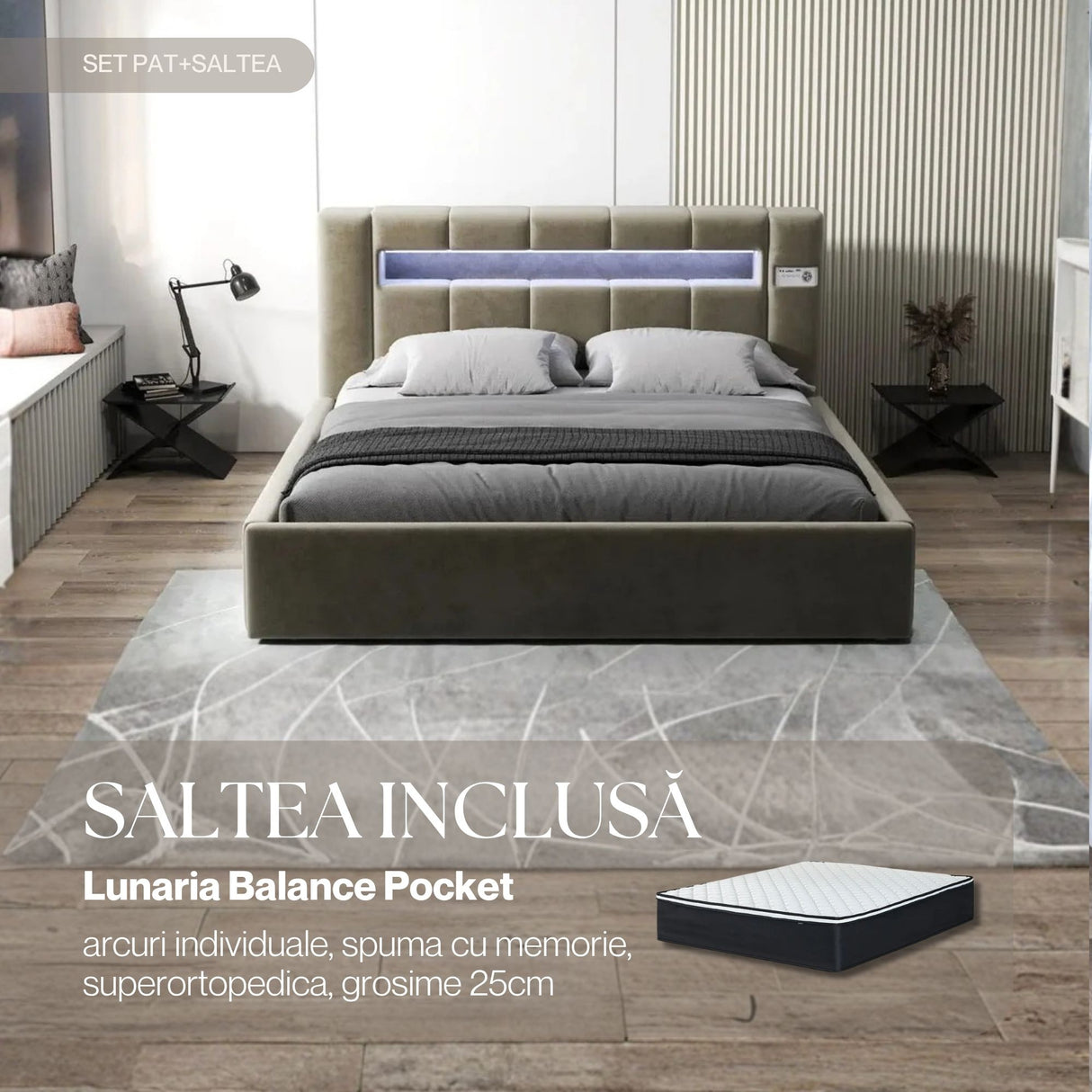 Set Pat dormitor dumonde, tapitat bej, Glow 160x200 cm, somiera rabatabila inclusa, spatiu depozitare + saltea lunaria balance pocket WLS