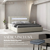 Set Pat dormitor dumonde, tapitat gri, Glow 180x200 cm, somiera rabatabila inclusa, spatiu depozitare + saltea nobelle relax pocket WLS