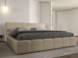 Set Pat dormitor dumonde, tapitat bej, Barcelona 140X200 cm, somiera rabatabila inclusa, spatiu depozitare + saltea