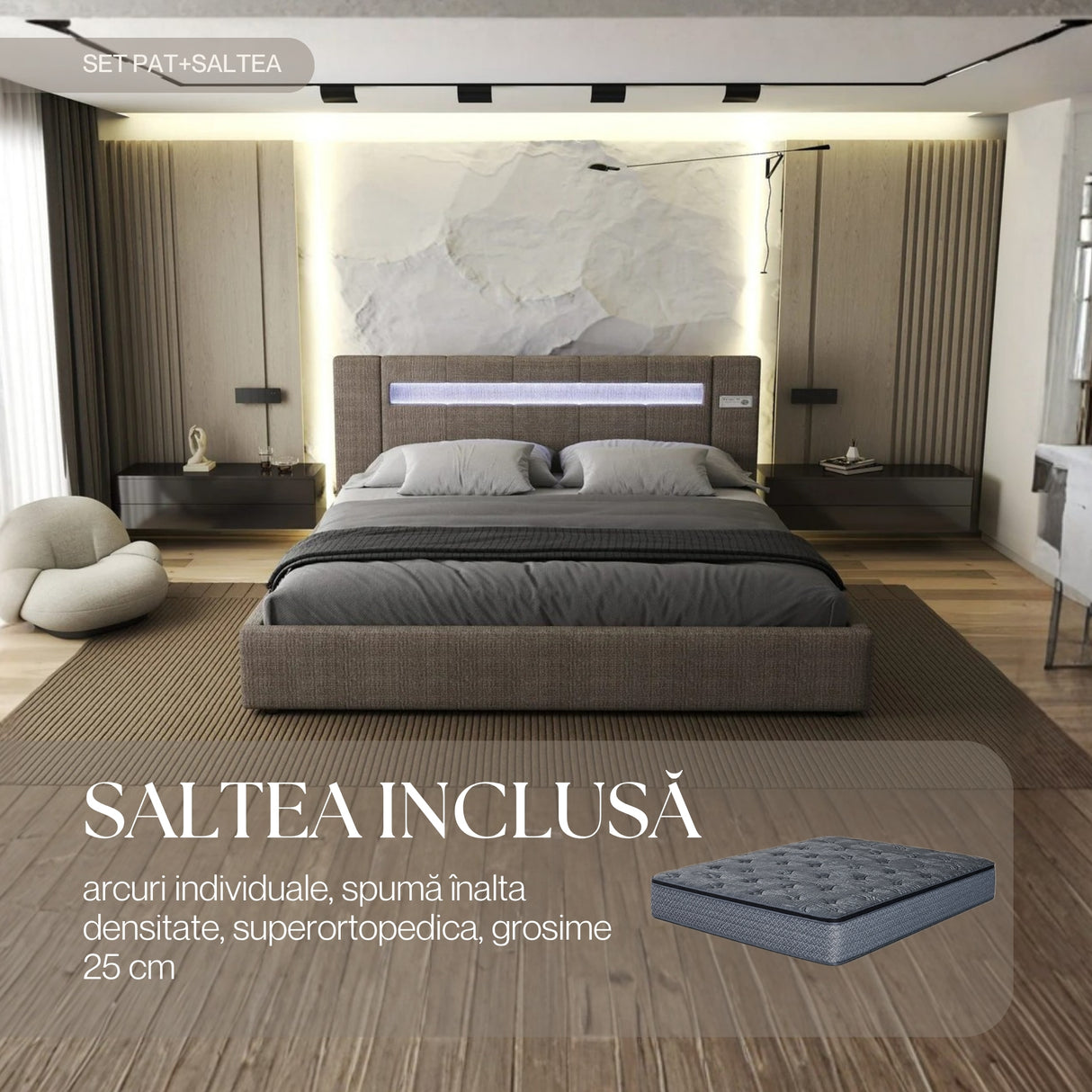 Set Pat dormitor dumonde, tapitat maro, Glow 180x200 cm, somiera rabatabila inclusa, spatiu depozitare + saltea
