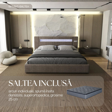 Set Pat dormitor dumonde, tapitat maro, Glow 180x200 cm, somiera rabatabila inclusa, spatiu depozitare + saltea