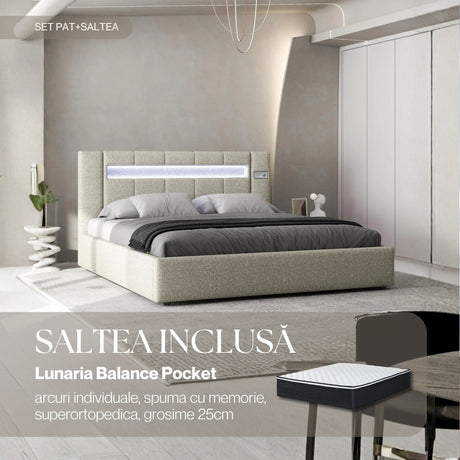 Set Pat dormitor dumonde, tapitat gri, Glow 180x200 cm, somiera rabatabila inclusa, spatiu depozitare + saltea lunaria balance pocket WLS