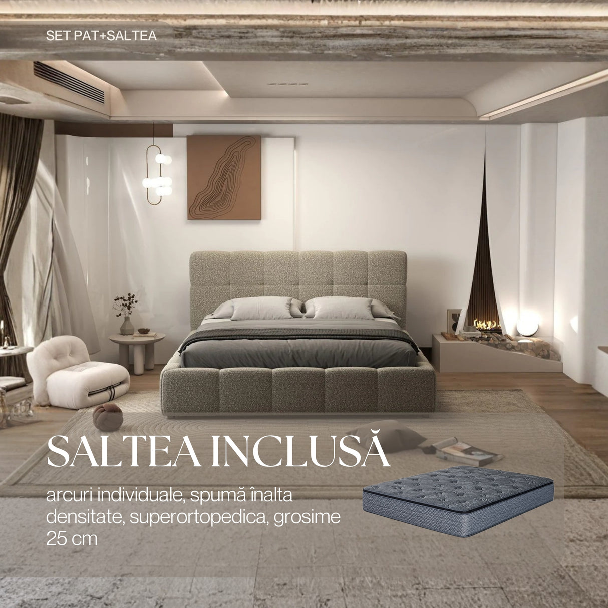 Set Pat dormitor dumonde, tapitat bej, Lorenzo 140x200 cm, somiera rabatabila inclusa, spatiu depozitare + saltea
