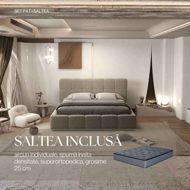 Set Pat dormitor dumonde, tapitat bej, Lorenzo 140x200 cm, somiera rabatabila inclusa, spatiu depozitare + saltea