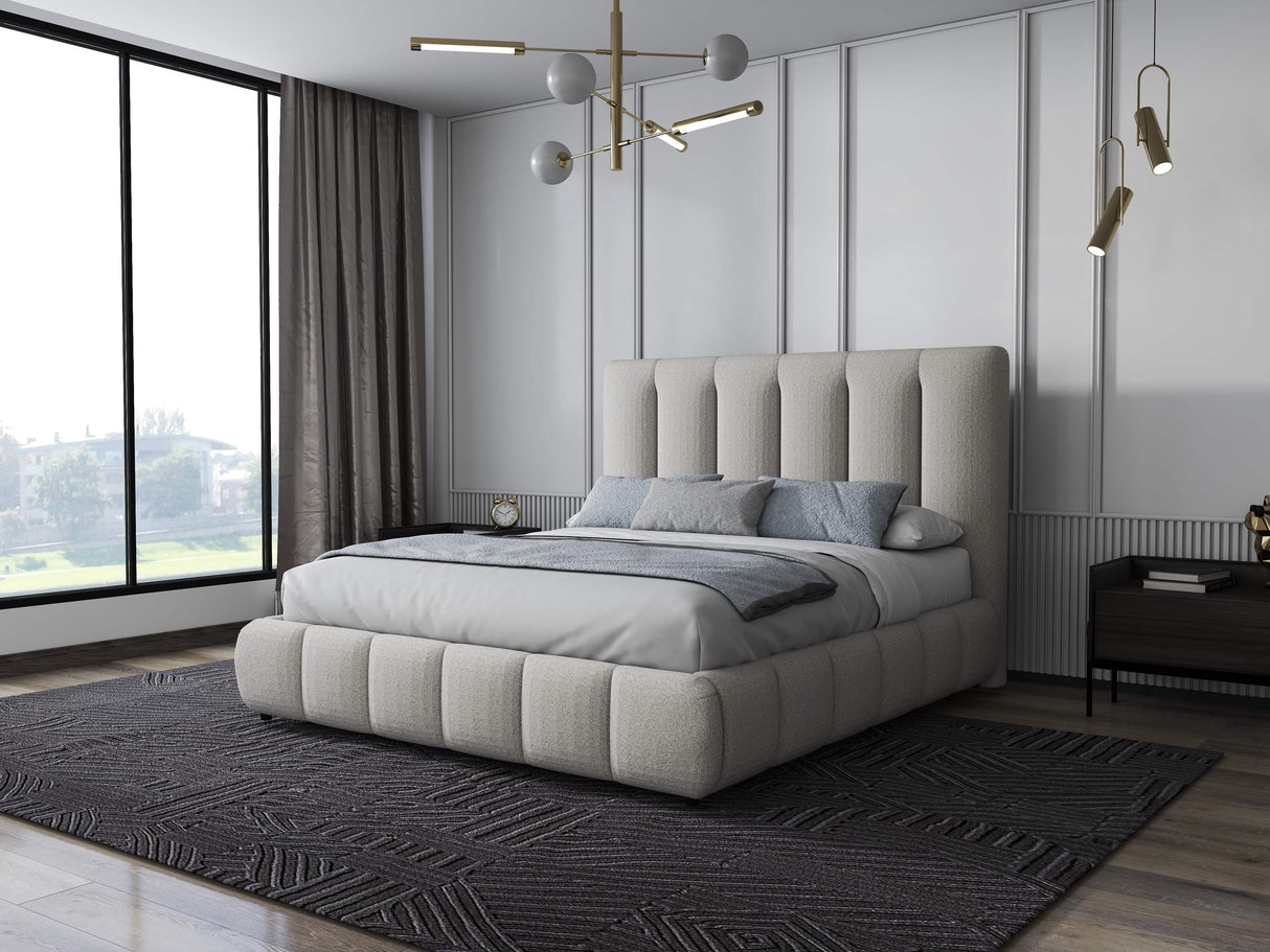 Set Pat dormitor dumonde, tapitat bej, Divaneo 180x200 cm, somiera rabatabila inclusa, spatiu depozitare + saltea