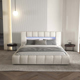 Pat dormitor dumonde, tapitat alb cu LED si USB, Palermo 180x200 cm, somiera rabatabila inclusa, spatiu depozitare WLS