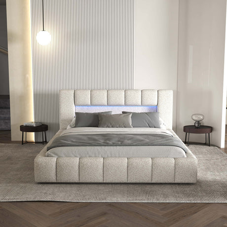 Pat dormitor dumonde, tapitat alb cu LED si USB, Palermo 180x200 cm, somiera rabatabila inclusa, spatiu depozitare WLS