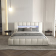 Pat dormitor dumonde, tapitat gri cu LED si USB, Palermo 160x200 cm, somiera rabatabila inclusa, spatiu depozitare