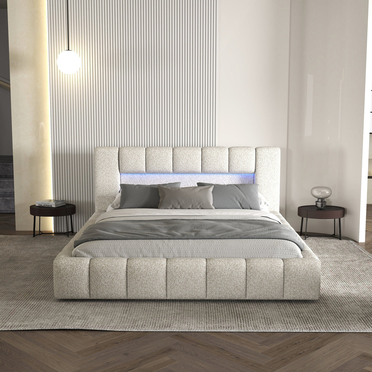 Set Pat dormitor dumonde, tapitat gri cu LED si USB, Palermo 160x200 cm, somiera rabatabila inclusa, spatiu depozitare + saltea