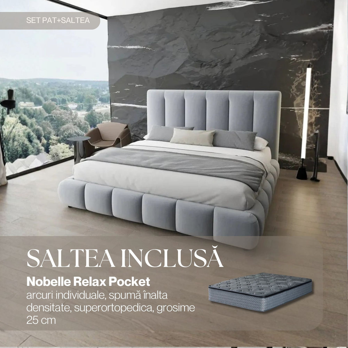Set Pat dormitor dumonde, tapitat gri, Divaneo 140x200 cm, somiera rabatabila inclusa, spatiu depozitare + saltea nobelle relax pocket WLS