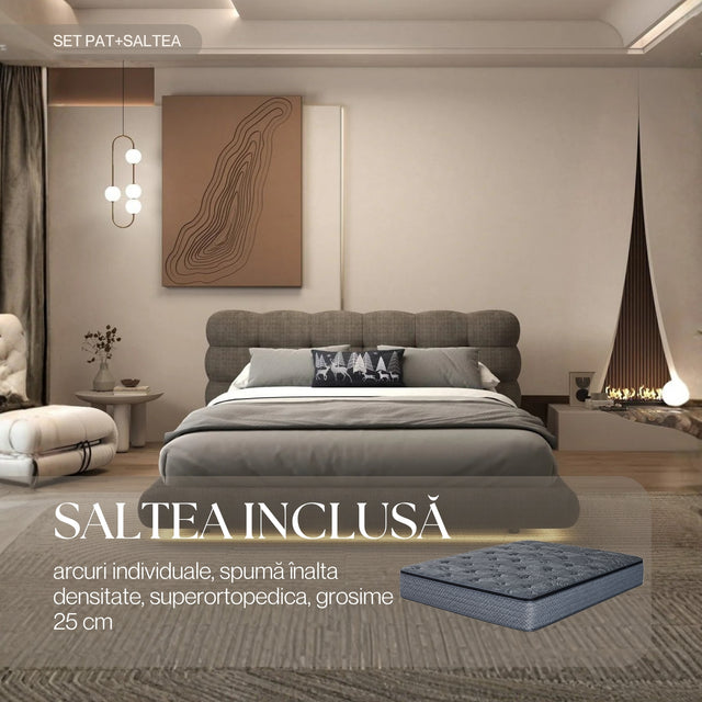 Set Pat dormitor dumonde, tapitat maro cu LED "floating bed" Cloud 180x200 cm, somiera inclusa + saltea