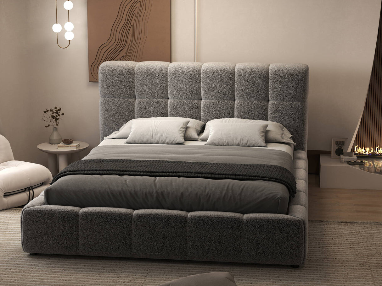 Set Pat dormitor dumonde, tapitat gri, Lorenzo 180X200 cm, somiera rabatabila inclusa, spatiu depozitare + saltea