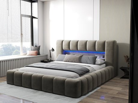 Pat dormitor dumonde, tapitat bej cu LED si USB, Palermo 160x200 cm, somiera rabatabila inclusa, spatiu depozitare WLS