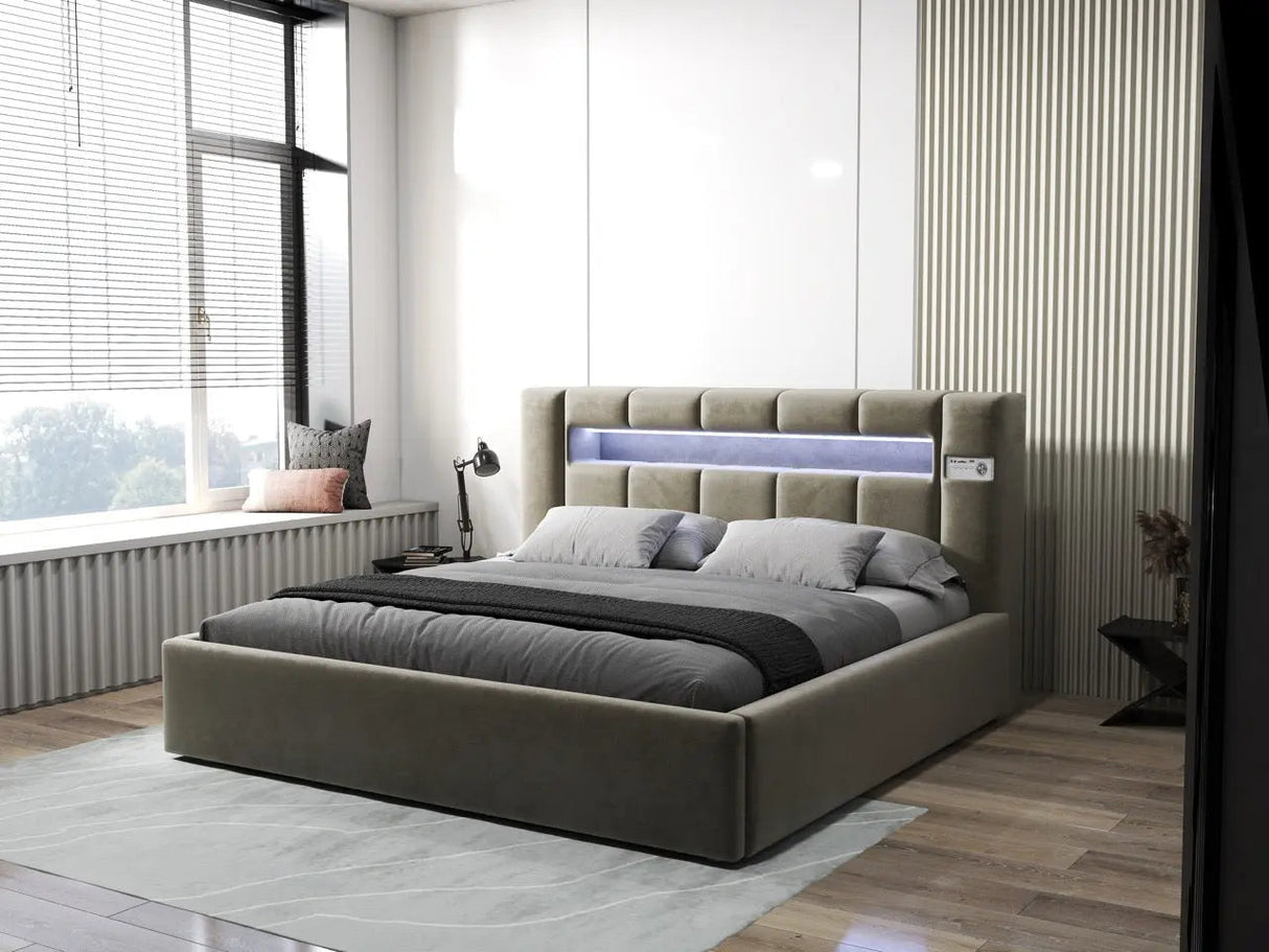 Pat dormitor dumonde, tapitat bej, Glow 160x200 cm, somiera rabatabila inclusa, spatiu depozitare