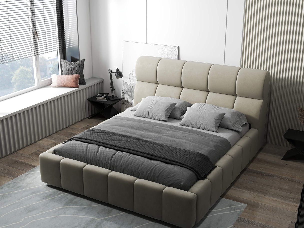 Pat dormitor dumonde, tapitat bej, Prestige 160x200 cm, somiera rabatabila inclusa, spatiu depozitare WLS