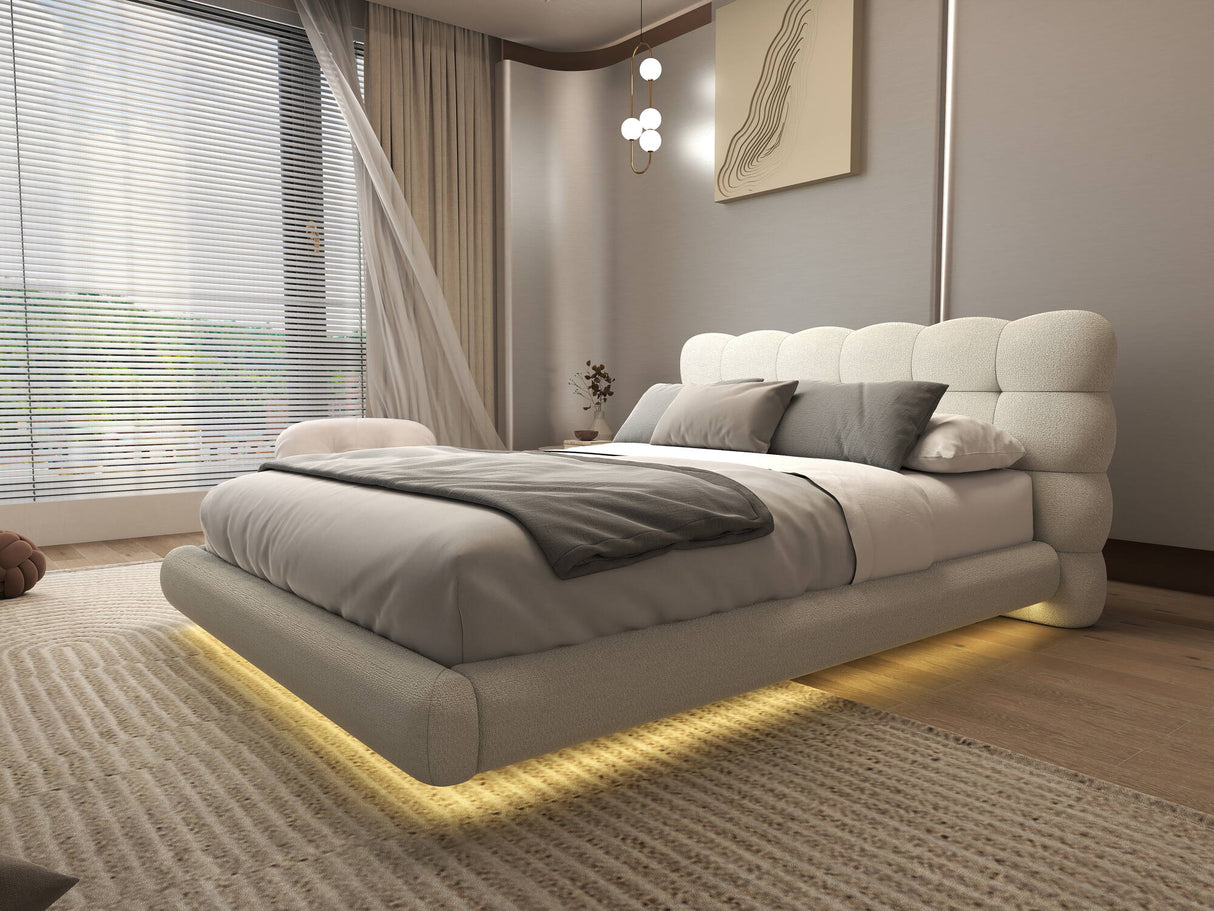 Set Pat dormitor dumonde, tapitat bej, Cloud 160x200 cm, somiera rabatabila inclusa, spatiu depozitare + saltea